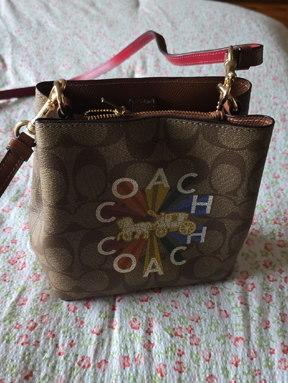 Coach Brown Signature Crossbody with Pink Strap and Multicolor Logo